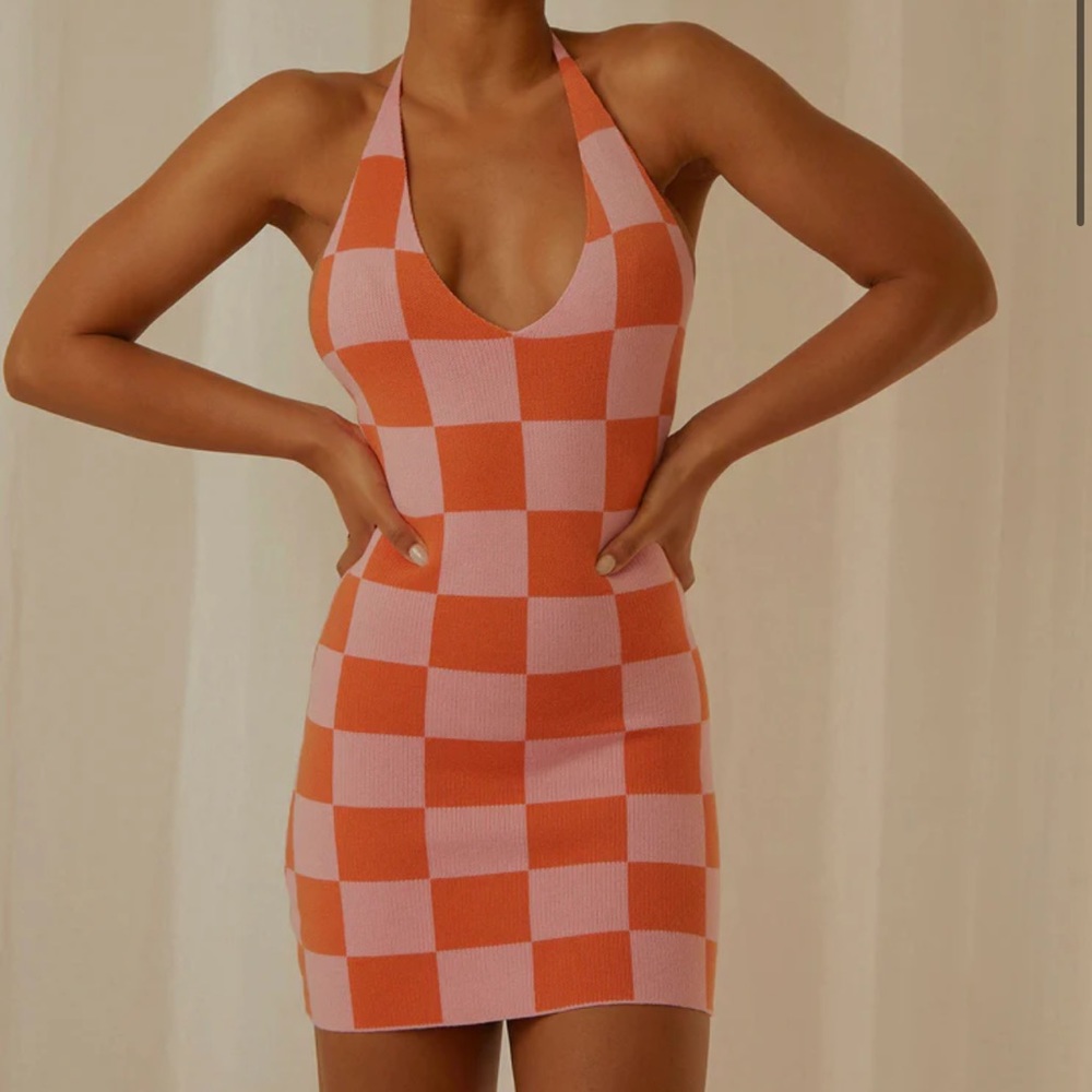 The Groove Knit Halter Dress - Pink and Orange Checkers